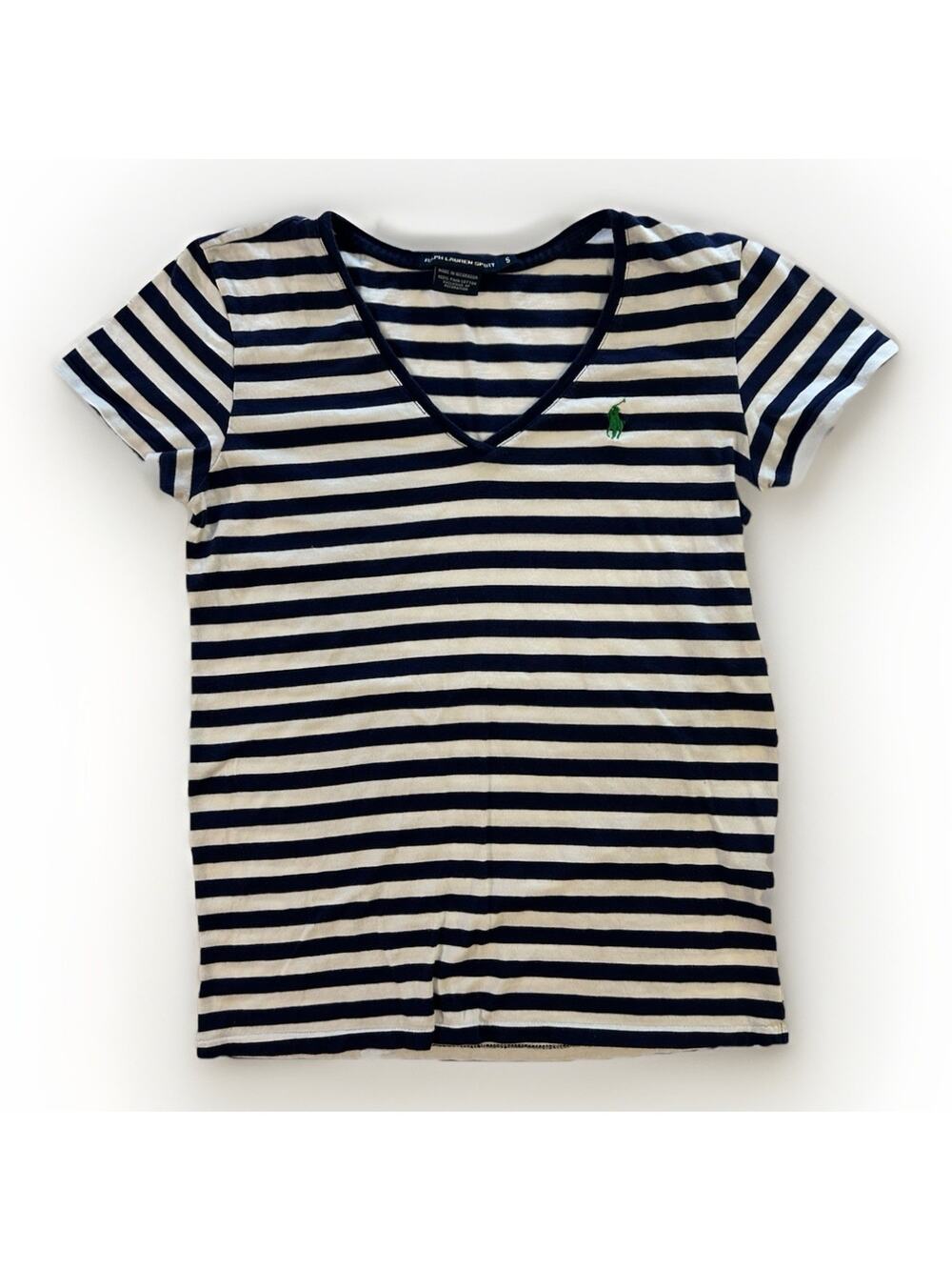 Ralph Lauren Sport Small Navy White Striped V-Neck Pima Cotton T-Shirt